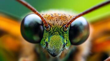 Macro shot of a colorful butterfly face, highlighting the intricate details of its eyes, antennae, and textured exoskeleton. photo