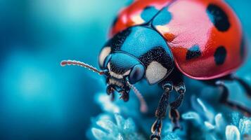 Detailed close-up of a vibrant ladybug, showcasing its intricate patterns and textures. The bug stands out against the light blue background. photo