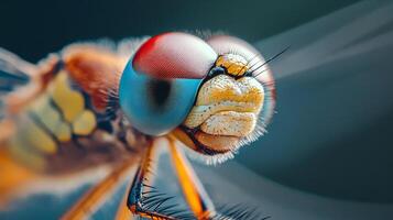 A macro photograph shows the intricate details of a dragonfly's head, emphasizing its large compound eyes and textured face. photo