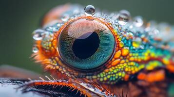 Close-up of a colorful chameleon eye with water droplets, showcasing intricate textures and vibrant colors. Reptilian macro beauty. photo