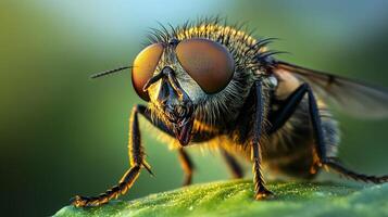 Detailed macro shot of a fly resting on a green leaf, showcasing its intricate features and textures under soft, natural lighting. photo