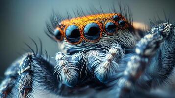 Macro photo capturing the intricate details of a vibrant, multi-eyed spider, showcasing its unique patterns and textures in a close-up view.