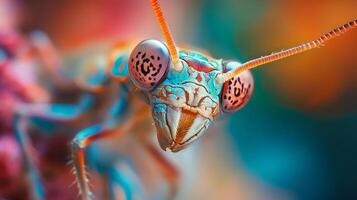 Vibrant macro shot of a mantis showcasing its intricate details and mesmerizing colors against a blurred background. Insect portrait. photo