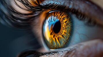 Macro shot of a captivating eye with intricate golden iris details and striking eyelashes, reflecting depth and mystery. photo