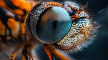 Macro capture unveiling the intricate beauty of an insect's eye, revealing its complex texture and vibrant colors. photo