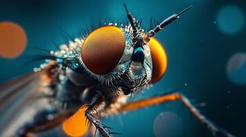 Macro shot of a fly showcases intricate details with large orange eyes, dew-kissed fur, and delicate antennae against blurred background. photo