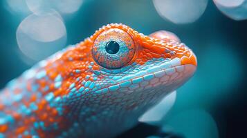 A vibrant, close-up portrait of an orange and blue chameleon showcasing its intricate scale patterns and striking eye against soft, cool bokeh. photo