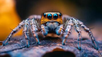 Intricate macro shot of a vibrant jumping spider, showcasing its unique features and captivating gaze in a natural habitat. photo