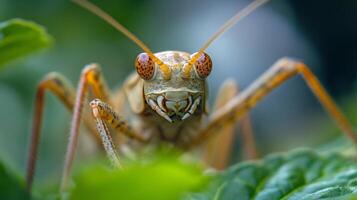 Close-up of a tan katydid with spotted eyes, showcasing intricate details and textures against a soft green backdrop, creating a captivating image. photo