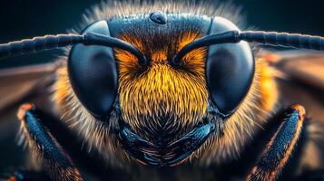 Macro photograph of a bee's face. The insect's large, multifaceted eyes and golden fur are on display in great detail. photo