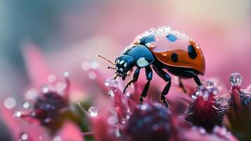 Ladybug on flower covered in water droplets in a garden. Close up shot with bright colors makes for a striking macro image. photo