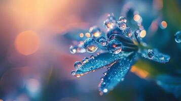 Dew drops cling to a vibrant blue flower, illuminated by soft light, creating a mesmerizing display of nature's beauty. photo