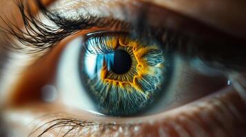 A detailed macro shot focusing on the human eye, showcasing the intricate patterns and colors within the iris and the surrounding eyelashes. photo
