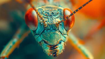A macro shot shows the intricate details of a vibrant insect, highlighting its colorful eyes and textured exoskeleton in extreme close-up. photo
