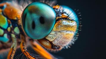 Detailed macro portrait showcasing the intricate eye of a dragonfly, with vivid colors and delicate textures against a dark backdrop. photo