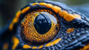 Extreme close-up of a reptile's eye, showcasing detailed texture and vibrant yellow-orange patterns, reflecting the surrounding environment. photo