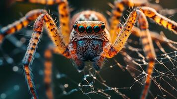 Macro shot of an orange spider with multiple eyes, positioned on its intricate web, captured in exquisite detail, showcasing its unique features. photo