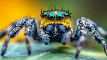 Close-up of a vibrant jumping spider with large, colorful eyes, poised on a green leaf. The insect's striking patterns are on display. photo