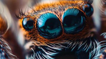 Intricate close-up of a spider's face, showcasing its multiple blue eyes, hair-like structures, and detailed texture of its body and face. photo