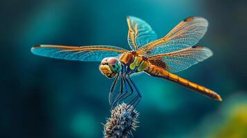 Vibrant dragonfly with intricate wing patterns rests on a plant against a soft, blurred background. Striking macro shot. photo