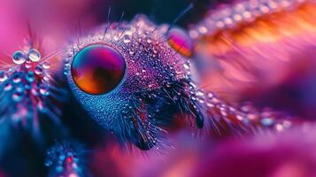 Macro shot of a colorful insect face covered in water droplets, showcasing intricate details and vibrant hues against a blurred background. photo