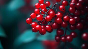 A vibrant display of clustered red berries, offering a vivid splash of color against a serene teal backdrop, perfect for nature enthusiasts. photo