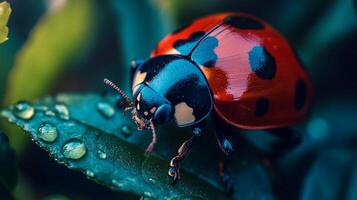Ladybug close-up. Red insect with black spots resting on a green leaf covered in dewdrops in a natural and serene garden setting. photo