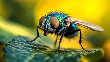 Close-up of a vibrant, iridescent fly resting on a textured green leaf, showcasing its intricate details against a blurred background. photo