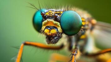 Detailed macro of a damselfly head, showcasing its vibrant colors, intricate patterns, and large compound eyes against a soft green background. photo