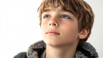 Young boy gazing upward, with a thoughtful expression, against a bright background. His soft features are highlighted in the gentle lighting. photo