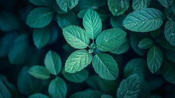 Lush green leaves glistening with dewdrops, creating a refreshing and vibrant natural display. Freshness, serenity and beauty of nature. photo