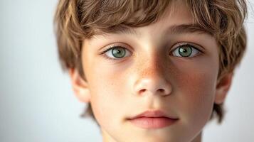 A young boy with freckles and mesmerizing green eyes is captured in a close-up shot, showcasing his innocent and youthful features. photo