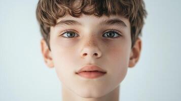 Portrait of a young boy with freckles and green eyes. The image focuses on his face, capturing innocence and youthful charm. photo