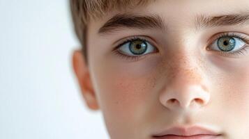 A close-up shot captures the youthful face of a child with captivating eyes, freckled skin, and an innocent gaze against a clean background. photo