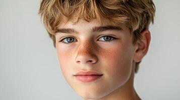 Close-up portrait of a fair-skinned child with freckles and blond hair, displaying a youthful and serene expression against a plain background. photo