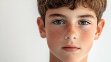 Close up portrait of a beautiful young boy with freckles on his face, captivating light eyes, and neatly styled brown hair. photo
