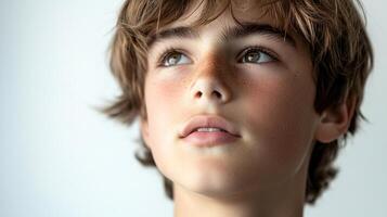 A close-up of a boy with freckles looking up, lost in thought. His brown hair frames his face, creating a serene atmosphere. photo