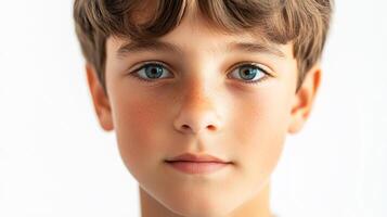 Portrait of a boy with brown hair, tan skin, and blue eyes, against a white background, showcasing a clean and direct composition. photo