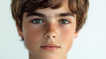 Portrait of a boy with brown hair and green eyes. His skin is fair with freckles scattered across his nose and cheeks. His expression is serious. photo