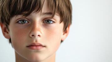 Close-up portrait of a boy with freckles and striking green eyes, capturing his youthful innocence against a crisp white background. photo