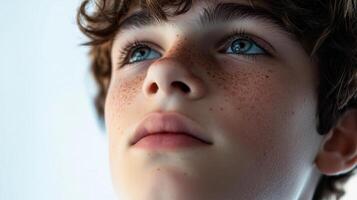 Youthful face, eyes gazing upward, freckled skin tones, light background. Innocent looking child, soft features, youthful and serene. photo