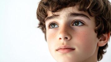 Boy with freckles gazes upwards, his soft brown curls framing a contemplative face against a clean white backdrop. Innocence captured. photo