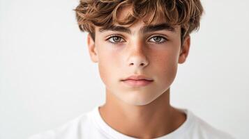 A handsome young person with a captivating gaze, fair skin, and light brown hair is poised against a clean white backdrop. photo