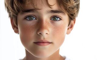 Intense gaze from a young boy with striking green eyes and scattered freckles, set against a bright, minimalist background, very nice expression photo