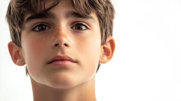 Close up of a young, freckled boy with brown eyes and hair gazing directly at the camera against a plain white background, showcasing youth and innocence. photo