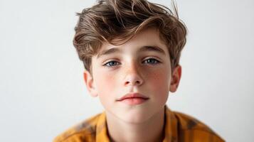 Portrait of a handsome young boy with bright blue eyes and freckles, exuding youthful charm and innocence. He is smiling softly. photo