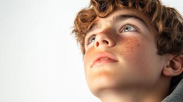 Boy with freckles looking up with hope and wonder, his curly hair catching the light against a bright background. photo