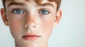 A striking portrait of a young boy with captivating blue eyes, freckles, and auburn hair, radiating youthful innocence and charm. photo