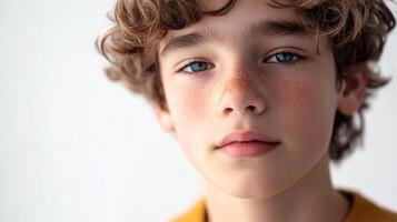Boy with curly brown hair and blue eyes looking forward with a neutral expression against a plain background. He's freckled and fair-skinned. photo
