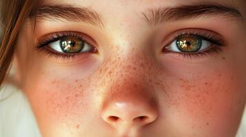 Close-up portrait showcases striking hazel eyes and charming freckles, capturing youthful beauty with warmth and natural skin texture. photo